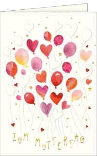 Muttertagskarte mit gemalten Herzen und Luftballons.