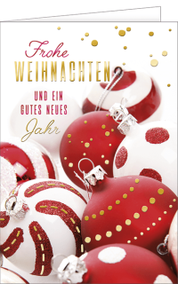Weihnachtskarte mit Christbaumkugeln und Text