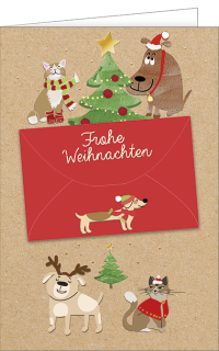 Weihnachtskarte mit einem Kuvert und Tieren