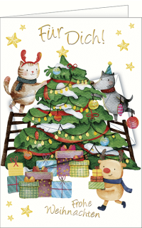 Weihnachtskarte mit einem Kuvert und einem Christbaum