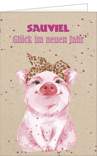 Neujahrskarte Gl&uuml;cksschwein mit Schleife