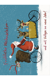Weihnachtspostkarte Weihnachtsmann auf Lastenrad