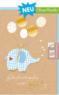 Elegante Babykarte ohne Plastik, mit einem Elefanten und Text
