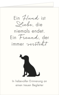 Trauerkarte mit einem kleinem Hund und einem Trauertext