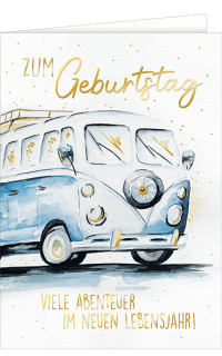 A4 Geburtstagskarte mit illustriertem blauen VW Camper