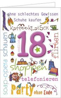 Glückwunschkarte zum 18. für Mädchen.