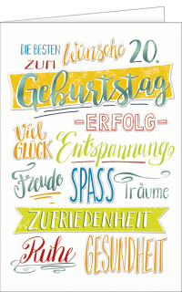 Gl&uuml;ckwunschkarte 20. Geburtstag Bunte W&uuml;nsche