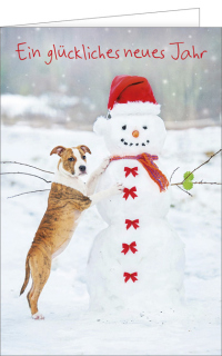 Neujahrskarte Hund und Schneemann
