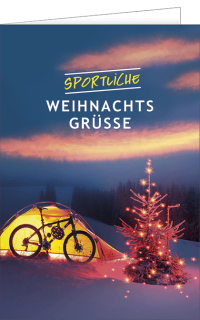 Weihnachtskarte mit einem Zelt und Fahrrad im Schnee