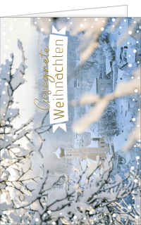 Weihnachtskarte mit winterlichem Dorf und Text